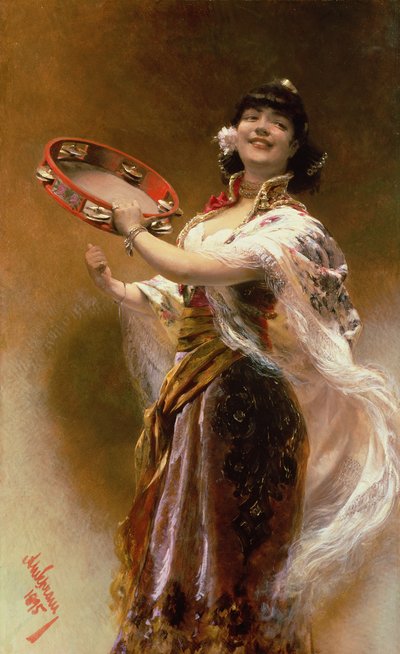 Jeune fille gitane avec un tambourin - Alois Hans Schram
