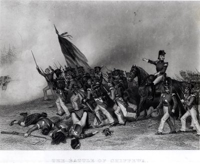 La Bataille de Chippewa, le général Scott ordonnant la charge du bataillon de McNeil, 5 juillet 1814, gravée par Johnson, Fry und Co. (gravure) (photo nb) - Alonzo Chappel
