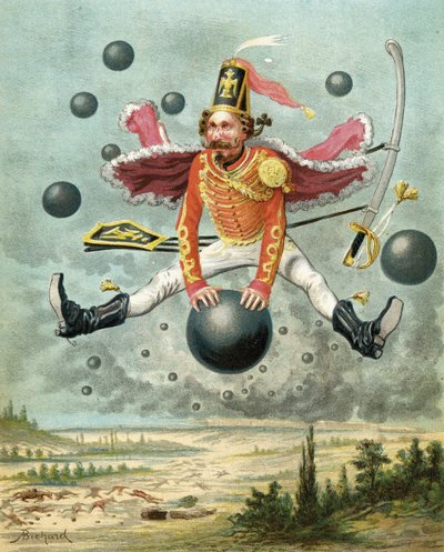 Baron de Münchhausen chevauchant un boulet de canon pendant le combat avec Tippoo, des 