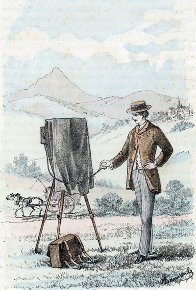 Passe-temps de la haute société et de la bourgeoisie : la pratique de la photographie en amateur (photographe amateur) Gravure de « Les Besoins de la Vie » par Rengade - Alphonse Demarle