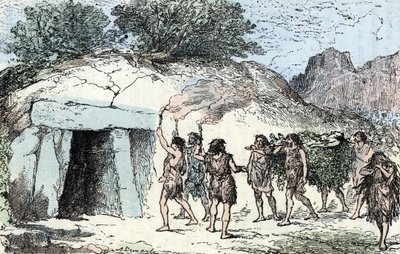 Préhistoire, néolithique : cérémonie funéraire. Gravure de 