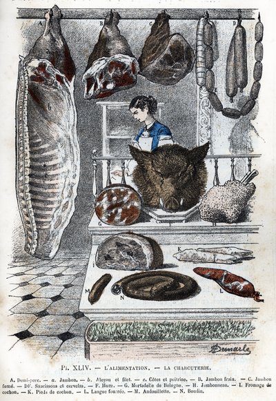 Vue de charcuteries. Un demi-porc (un jambon b aloyau c côtes et poitrine) B jambon frais C jambon fumé D saucisses et cervelas F hure G mortadelle de Bologne H jambon I fromage de tête K pieds de porc L langue farcie M andouillette N boudin) (charcuterie, - Alphonse Demarle
