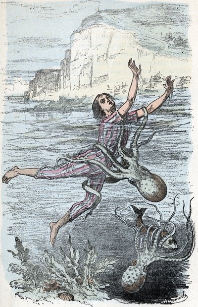 Planche zoologique : nageur saisi par une pieuvre. Gravure de « L