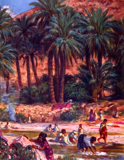 Groupe de femmes nomades arabes lavant des vêtements à une oasis dans le désert - Alphonse Etienne Dinet
