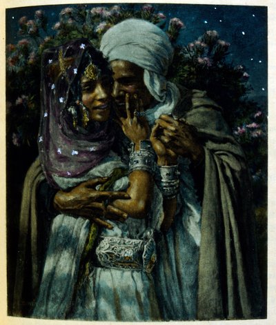 Illustration de Dinet tirée de "Mirages" Scènes de la vie arabe. 1906. Mirages, Scènes de la vie arabe a été illustré par Etienne Dinet et commenté par Silman Ben Ibrahim Bamer. Nasreddine Dinet est né sous le nom d