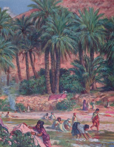 Palmiers. La palme a été bénie par le prophète Mohammed dans le Coran. Lithographie en couleur, 1918. - Alphonse Etienne Dinet