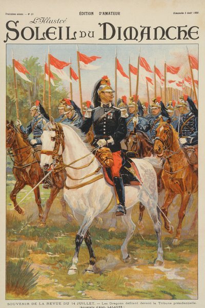 Revue du 14 juillet, régiment de dragons défilant devant la tribune présidentielle, illustration de la couverture de 