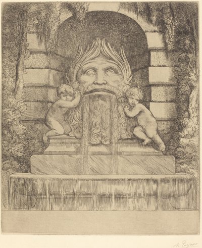 Une fontaine: Masque, enfants et bassin - Alphonse Legros