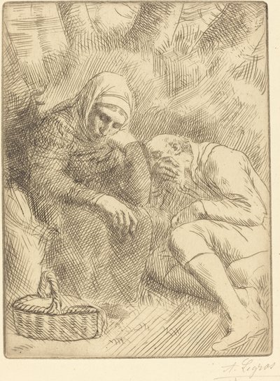 Homme et femme assis au bord de la route avec un panier - Alphonse Legros