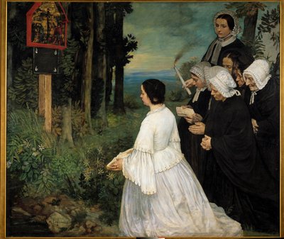 Les femmes en costumes traditionnels bretons se rassemblant devant un ex-voto - Alphonse Legros