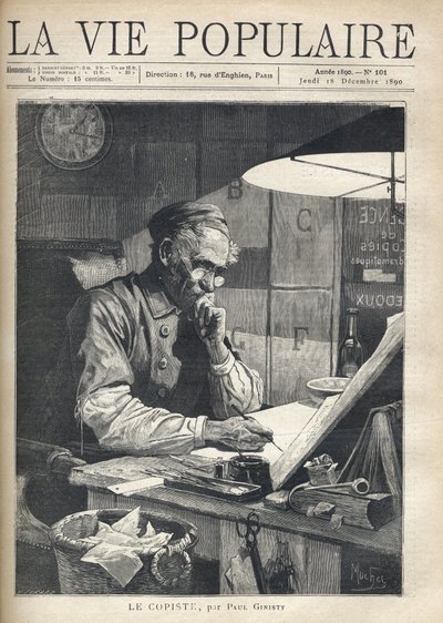 Un copiste concentré travaillant dans son bureau. Illustration par Alfons Maria Mucha - Alphonse Mucha