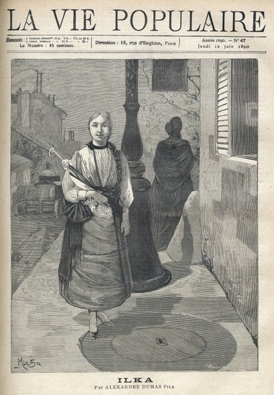 Une jeune femme simple et distinguée, avec des cheveux en tresses, tenant un parapluie, marche avec confiance dans la rue. Derrière elle, une femme vêtue de noir et une charrette transportant des tonneaux continuent leur chemin. Illustration par Alfons Mar - Alphonse Mucha
