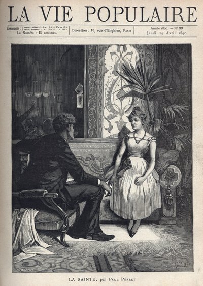 Une jeune femme, semblant malade, assise sur un canapé, dans un salon richement décoré, elle a une attitude timide et parle avec un jeune homme en vêtements, assis sur un fauteuil, tourné vers elle, le regard entreprenant. Illustration par Alphons Mucha (1 - Alphonse Mucha