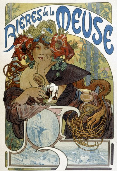 Publicité pour la bière de la Meuse. Illustration de Mucha (peintre et affichiste tchèque) - Alphonse Mucha
