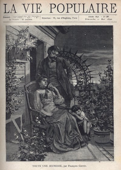 La nuit, sur un balcon fleuri, une famille est rassemblée autour de la mère assise sur un fauteuil, tenant la main de son mari debout derrière elle, tous deux ont l