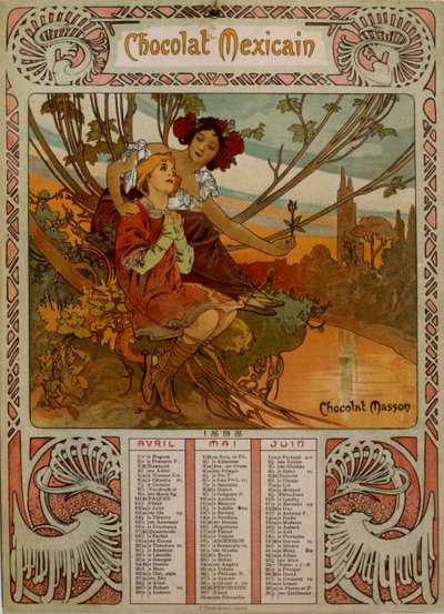 Calendrier Chocolate Masson illustré par Mucha (1860 – 1939). un peintre tchèque Art Nouveau - Alphonse Mucha