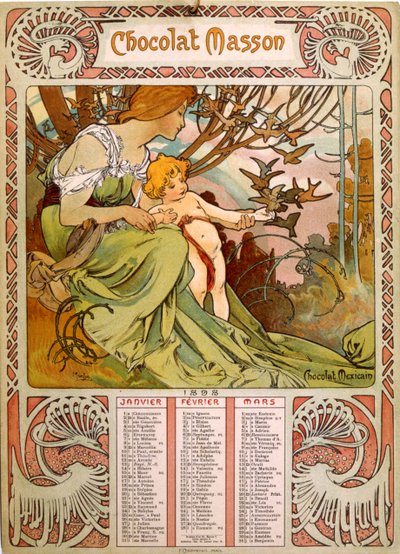 Calendrier Chocolate Masson illustré par Mucha (1860 – 1939), un peintre tchèque de l