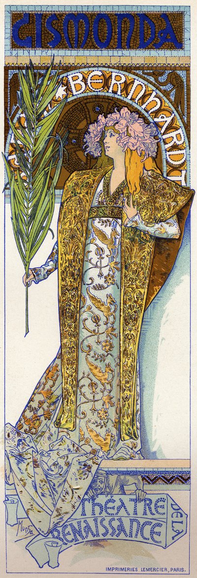 Divertissement. Gismonda, pièce de Victorien Sardou avec Sarah Bernhardt au Théâtre de la Renaissance, Paris. Affiche par Mucha, France - Alphonse Marie Mucha
