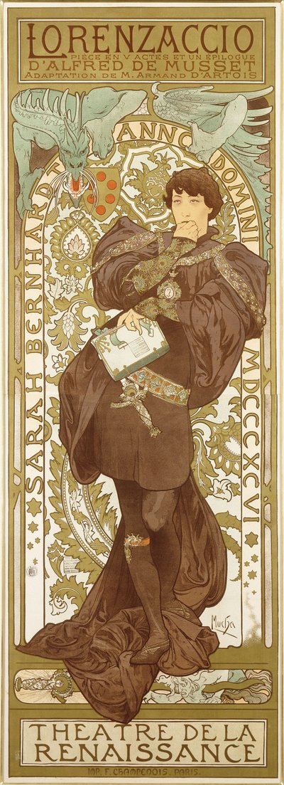 Lorenzaccio, représentant la figure debout de Sarah Bernhardt dans le rôle, 1896 - Alphonse Mucha
