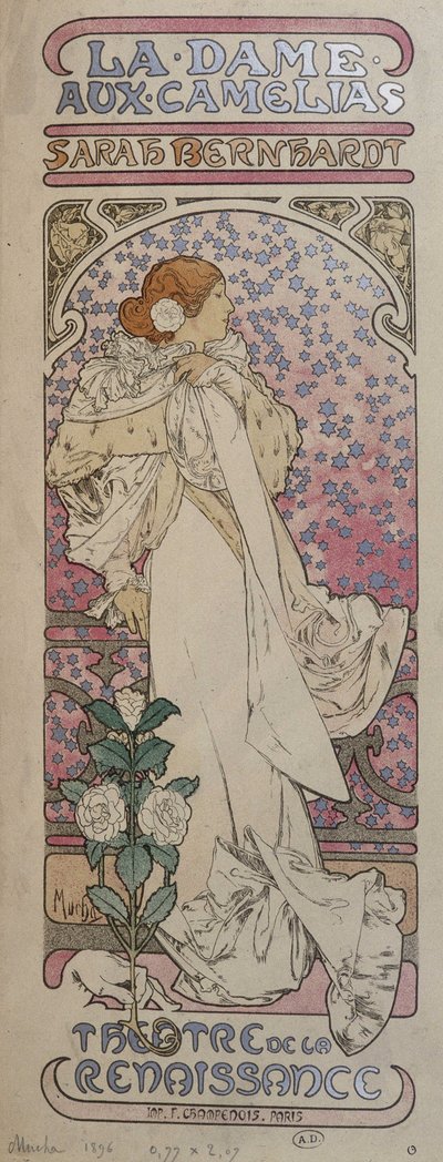 Affiche pour « La Dame aux camélias » au Théâtre de la Renaissance avec Henriette Rosine Bernard dite Sarah Bernhardt (1844-1923) - par Mucha - Alphonse Mucha