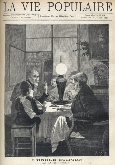 Scène de vie familiale : autour de la table à dîner, une famille est réunie, éclairée par une lampe à huile et écoute attentivement un oncle en visite, les yeux brillants et la main marquant les points forts de son histoire. Illustration par Alfons Maria M - Alphonse Mucha