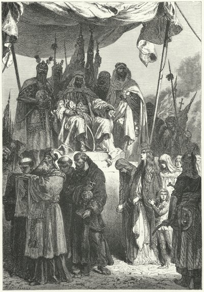 Saladin regardant passer des chrétiens capturés après sa prise de Jérusalem - Alphonse Marie de (after) Neuville