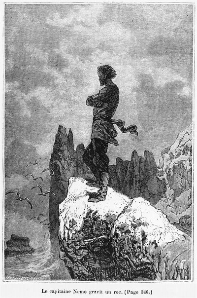 Le capitaine Nemo escaladant un rocher, illustration de 