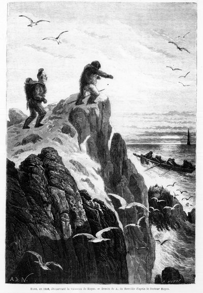 Hans en 1860, découvrant le navire de Hayes - dessin de Neuville par le Dr. Hayes dans « La mer libre du pôle, voyage de découverte dans les mers arctiques » - Alphonse Marie de Neuville