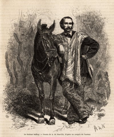 Portrait du Dr Saffray, les bras sur sa monture, en tenue de voyage, gravure d