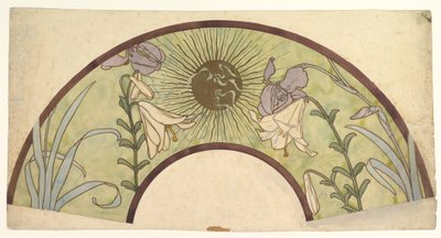 Conception pour un éventail avec rayons de soleil, lys et iris, fin 19e - mi 20e siècle - Alphonse Mucha