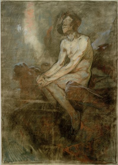 Nu masculin assis sur un rocher - Alphonse Mucha