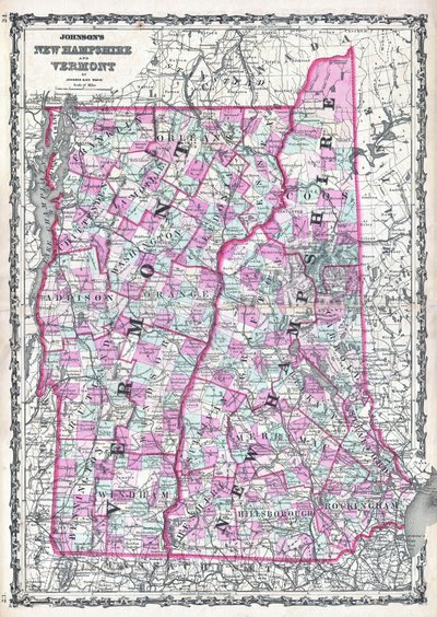 Carte du New Hampshire et du Vermont par Johnson - Alvin Jewett Johnson