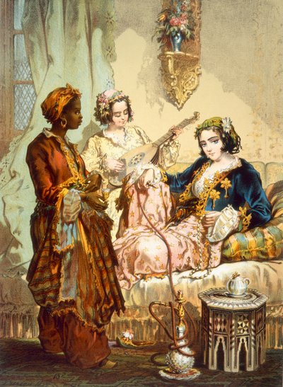 La tasse de café : Deux femmes prenant du café et fumant le narguilé, pub. 1865 - Amadeo Preziosi