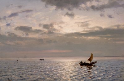 Soleil scintillant sur la mer avec des bateaux - Amaldus Nielsen