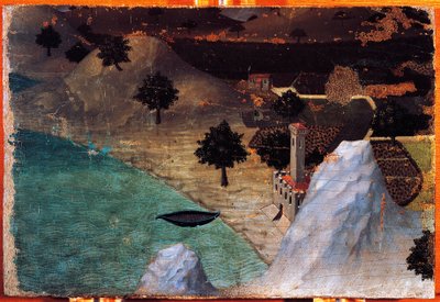 Château au bord du lac, par Ambrogio Lorenzetti (1319-1347), peinture sur bois, 22x33 cm - Ambrogio Lorenzetti