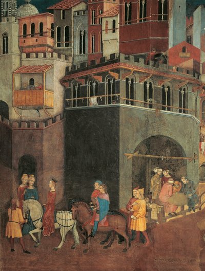 Effets du bon gouvernement en ville, Procession de la noblesse dans les rues de la ville (détail) - Ambrogio Lorenzetti