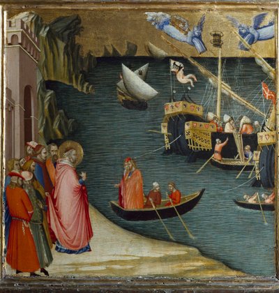 Saint Nicolas, évêque de Myre, sauve un navire transportant une cargaison de blé de la tempête. Scènes de la vie de Saint Nicolas - Ambrogio Lorenzetti