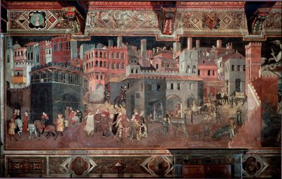 « Les effets du bon et du mauvais gouvernement sur la ville et la campagne. » Détail de la ville. Fresque par Ambrogio Lorenzetti (1290-1348) - Ambrogio Lorenzetti