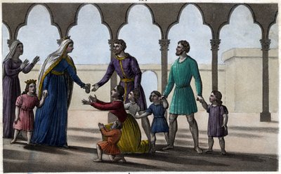 Batilde (ou Bathilde, épouse de Clovis II) abolit un tribut coûteux que les Gaulois payaient par tête, petits et grands. - Abbaye de Chelles. Dessiné et gravé par Ambroise Tardieu en 1825 - Ambroise Tardieu