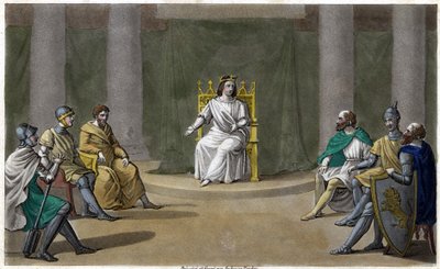 Caribert ou Chérebert, roi de Paris (561 - 567), tenant conseil, où il rendait justice. Dessiné et gravé par Ambroise Tardieu en 1825 - Ambroise Tardieu