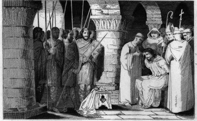 Childéric III (714-751) est détrôné et confiné dans un monastère - Childéric III détrôné et enfermé par Pépin le Bref dans un monastère à Saint-Omer entre 742-749 - Gravure de 1825 dans « Histoire de France représentée par des tableaux synoptiques dédiée a - Ambroise Tardieu