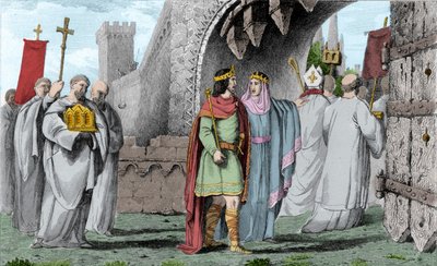 Chilpéric Ier (539-584) en procession religieuse - Gravure de 1825 dans « Histoire de France représentée par des tableaux synoptiques dédiée aux enfants de France » - Ambroise Tardieu