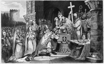 Clovis Ier (465-511) baptisé avec des hommes de son armée avant la bataille de Tolbiac - Baptême de Clovis Ier, 25 décembre 496 : le roi des Francs (466-511) est baptisé par Saint Rémi (437-533), évêque de Reims, dans l