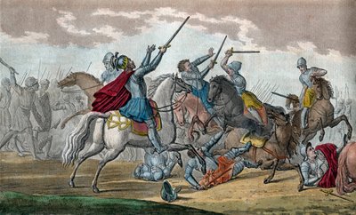 Clovis I (466-511), Roi des Francs, Dynastie des Mérovingiens - Lors de la bataille de Tolbiac contre les Alamans, il fit le vœu de se convertir au catholicisme si Dieu lui accordait la victoire - Dessin et gravure par Ambroise Tardieu en 1825 - Ambroise Tardieu