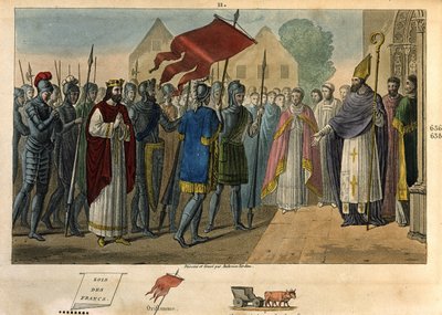 Dagobert (603 - 639) abaissant la bannière à Saint-Denis - Dagobert Ier (? - 639), roi des Francs, dynastie des Mérovingiens. Il fonda l