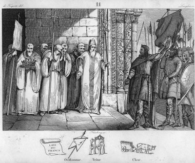 Dagobert 603 à 639 descendant la bannière à Saint-Denis - Dagobert Ier, roi des Francs, ayant créé l