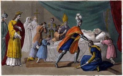 Mort de Pépin de Herstal (635-714) entouré de sa famille - Mort de Pépin de Herstal (grand-père de Pépin le Bref), entouré de sa famille et en présence de Dagobert III (714) - Dessiné et gravé par Ambroise Tardieu en 1825 - Ambroise Tardieu