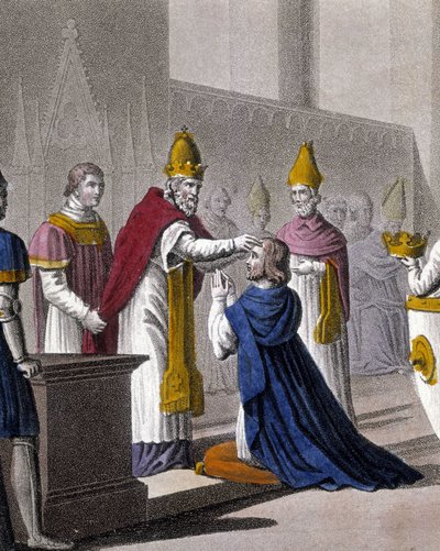 Louis II consacré une seconde fois au Concile de Troyes par Jean VIII en 879 (détail). Conçu et gravé par Ambroise Tardieu en 1825 - Ambroise Tardieu
