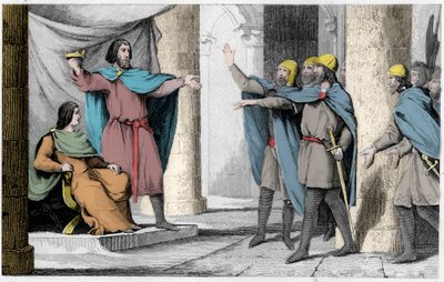 Louis V le Fainéant montre sa couronne à ses partisans en 986 - Louis V le Fainéant (c. 967-987), proclamé roi de France par la protection de Hugues Capet, devenu roi de France, en 986 - Gravure de 1825 dans « Histoire de France représentée par des tableau - Ambroise Tardieu