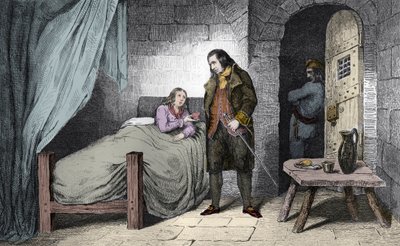 Louis XVII (1785-1795) malade et emprisonné - le Dauphin de France Louis XVII (1785-1795) malade dans la prison du Temple - Gravure de 1825 dans « Histoire de France représentée par des tableaux synoptiques dédiée aux enfants de France et employée pour leu - Ambroise Tardieu